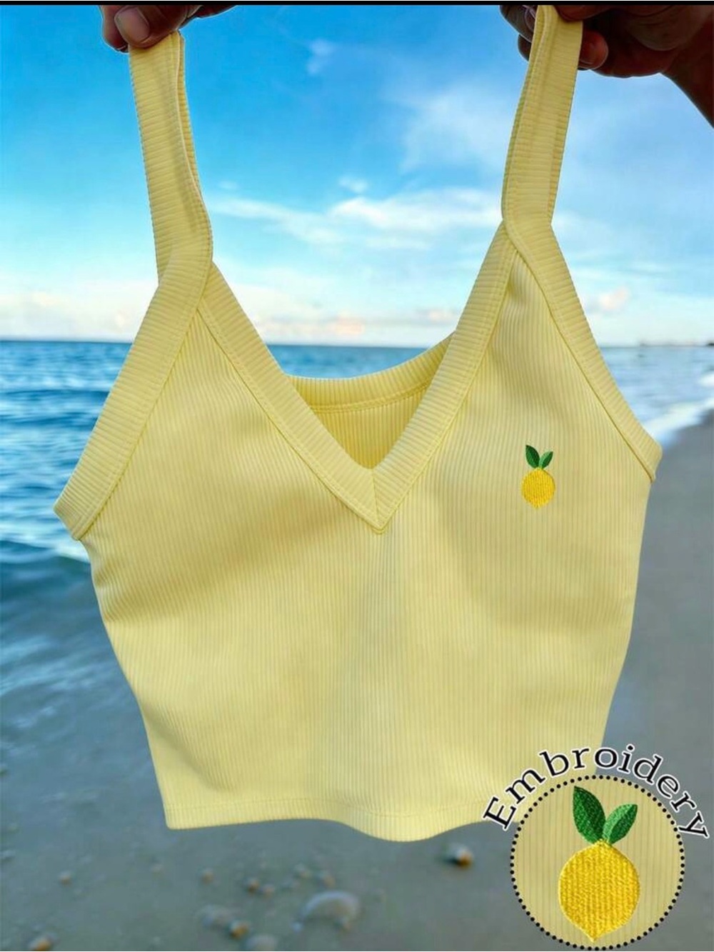 BGL Yellow Ribbed V-Neck Crop Tank with Pineapple Accent